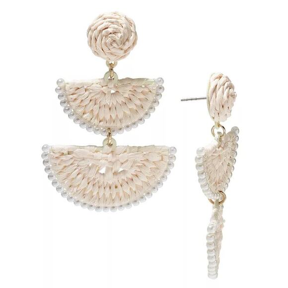 On 34th Gold-Tone Stone Bead & Woven Raffia Drop Earrings NEW - Picture 1 of 5